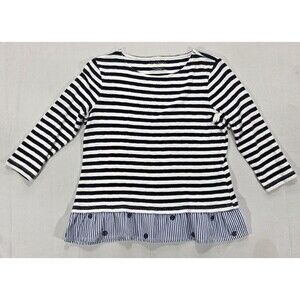 Talbots Breton Striped Peplum Top Petite Navy Blue White Embroidered Nautical
